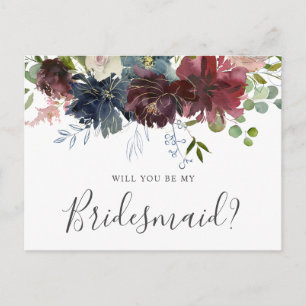 Postal De Invitación Borgoña y floral azul serás mi dama de honor