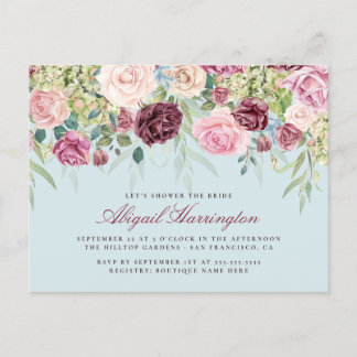 Postal De Invitación Borgoña y pastel acuarela Floral Bridal Shower