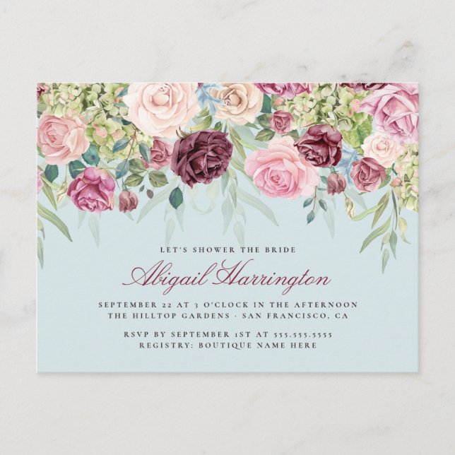 Postal De Invitación Borgoña y pastel acuarela Floral Bridal Shower (Anverso)