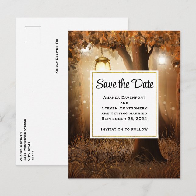 Postal De Invitación Bosque mágico con luces de hadas salvan la fecha (Anverso / Reverso)