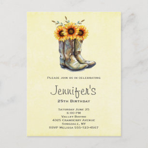 Postal De Invitación Botas vaqueras rústicas con girasoles Cumpleaños