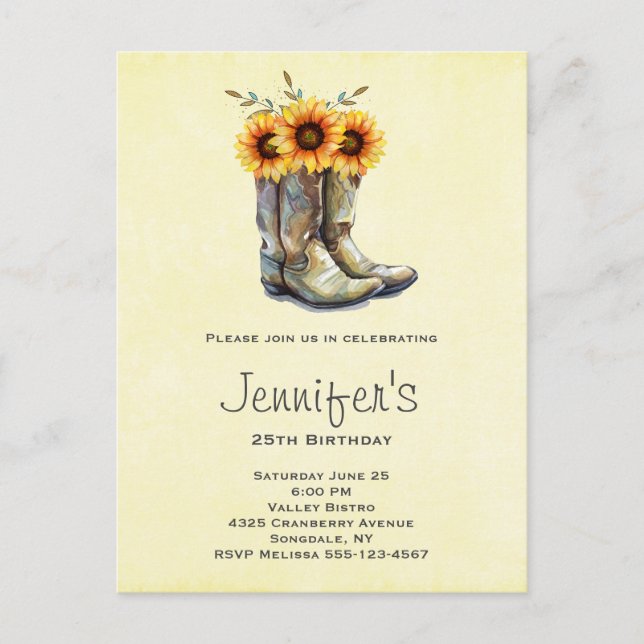 Postal De Invitación Botas vaqueras rústicas con girasoles de cumpleaño (Anverso)