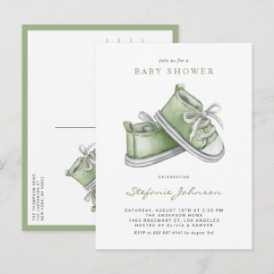 Postal De Invitación Botitas de bebé de acuarela verde lindas para baby