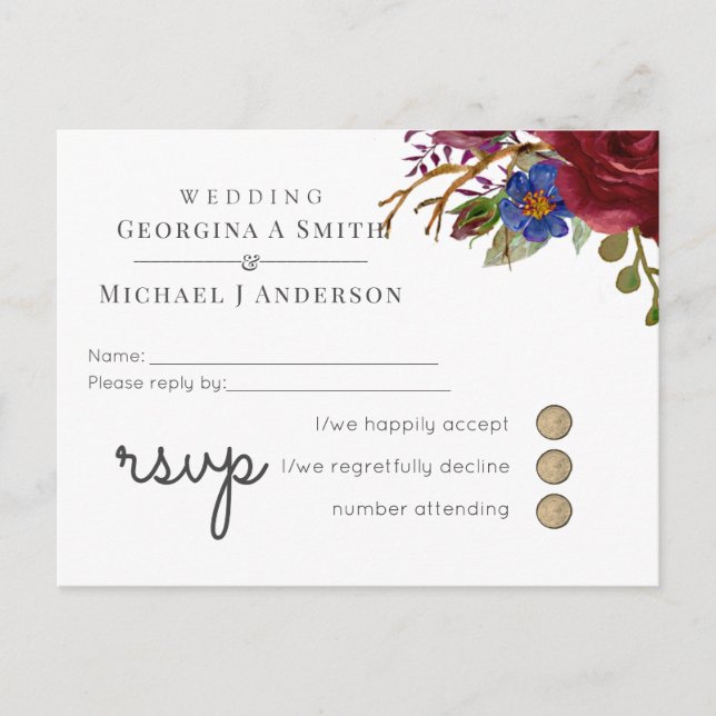 Postal De Invitación Bouquet Burgundy Blue Pink WEDDING RSVP (Anverso)