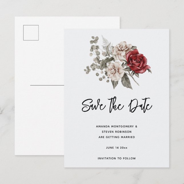 Postal De Invitación Bouquet de flores de crema y rosa roja (Anverso / Reverso)