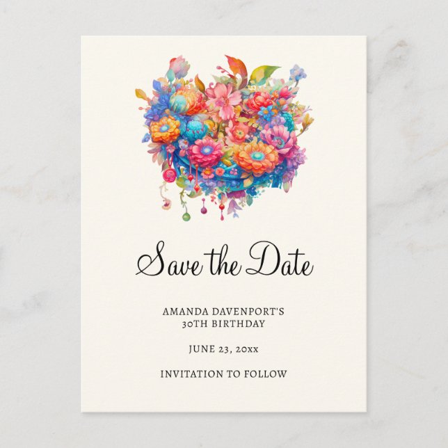 Postal De Invitación Bouquet veraniego Flower Whimsical Boho Save the D (Anverso)