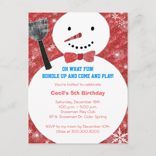 Postal De Invitación Bow tie Snowman Kids Winter Birthday Party (Anverso)
