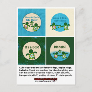Postal De Invitación BOY Sea TURTLE Baby Shower Honu Cupcake Topper 02B