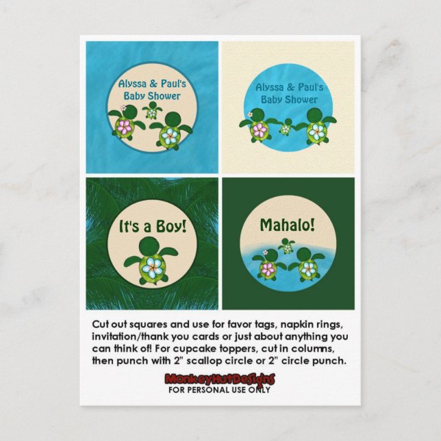 Postal De Invitación BOY Sea TURTLE Baby Shower Honu Cupcake Topper 02B (Anverso)