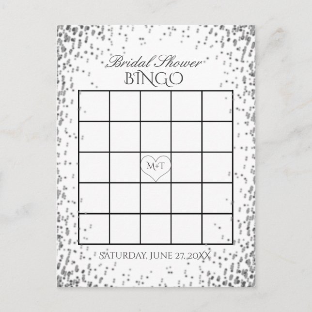 Postal De Invitación Bridal Shower Bingo | Confetti plateado (Anverso)