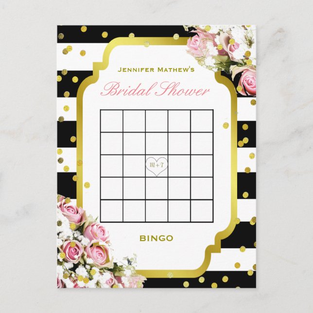 Postal De Invitación Bridal Shower Bingo | Rayas y Rosas (Anverso)