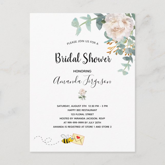 Postal De Invitación Bridal Shower eucalipto abeja de burbujas florales (Anverso)