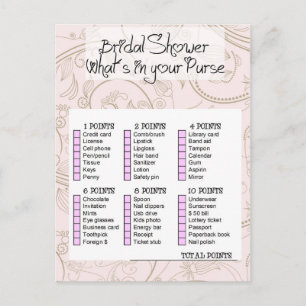 Postal De Invitación Bridal shower game- What is in your purse?