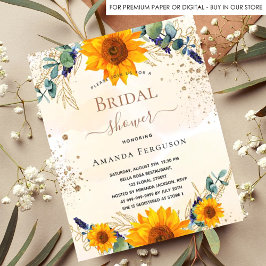 Postal De Invitación Bridal Shower girasoles eucalipto purpurina de oro