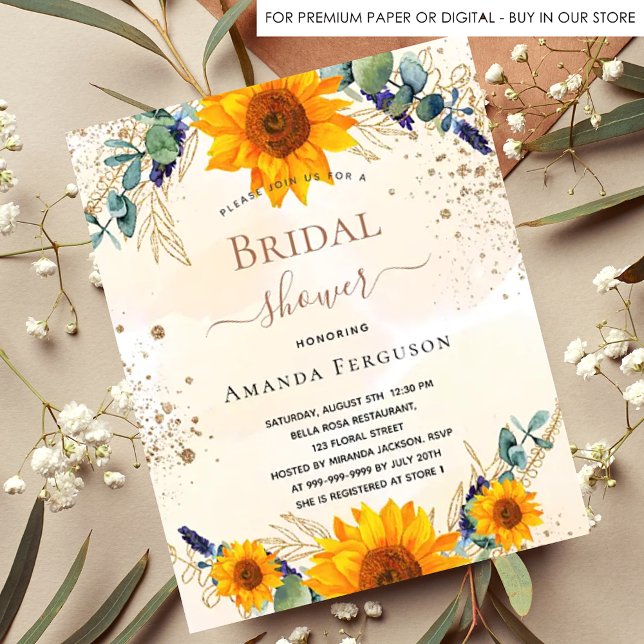 Postal De Invitación Bridal Shower girasoles eucalipto purpurina de oro (Subido por el creador)