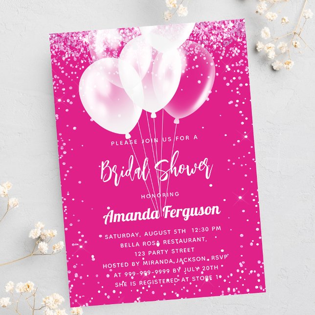 Postal De Invitación Bridal Shower globos blancos rosados calientes (Subido por el creador)