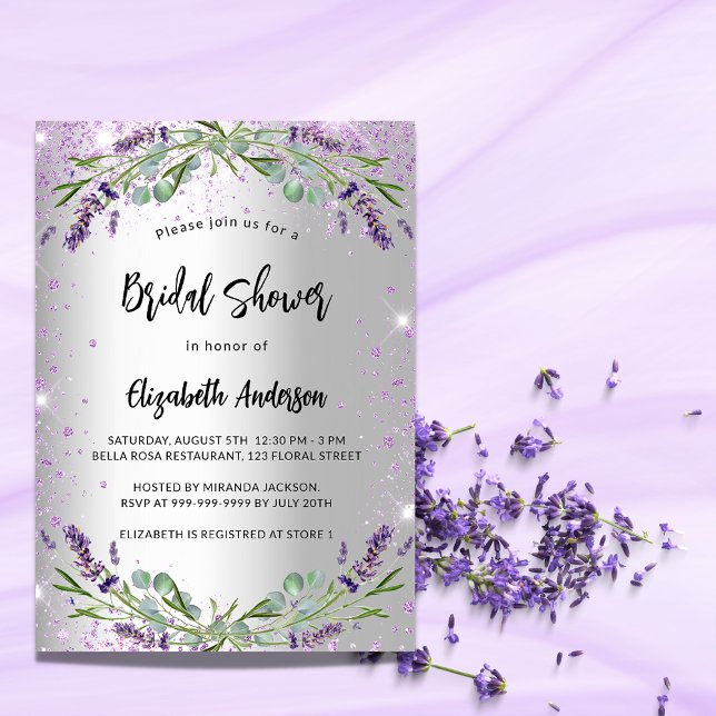 Postal De Invitación Bridal Shower lavender plata eucalipto floral (Subido por el creador)