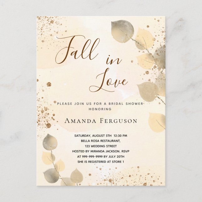 Postal De Invitación Bridal Shower oro eucalipto purpurina caída (Anverso)