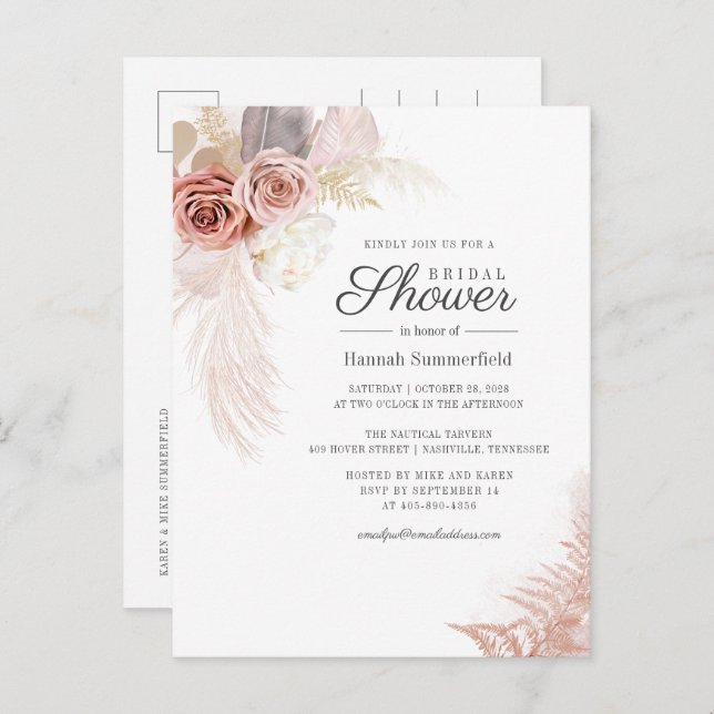 Postal De Invitación Bridal Shower Pampas Grass Tan Script (Anverso / Reverso)