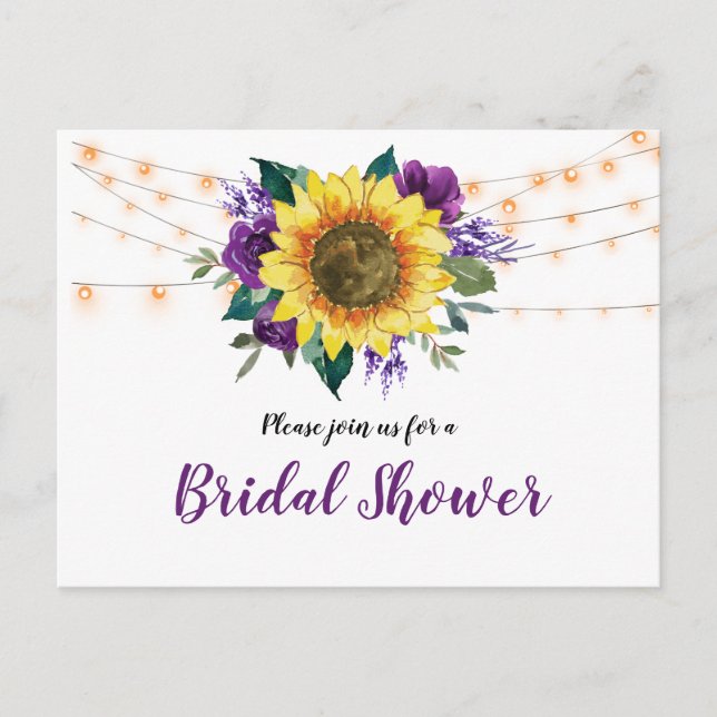 Postal De Invitación Bridal Shower Sunflower Luce Morado Floral (Anverso)