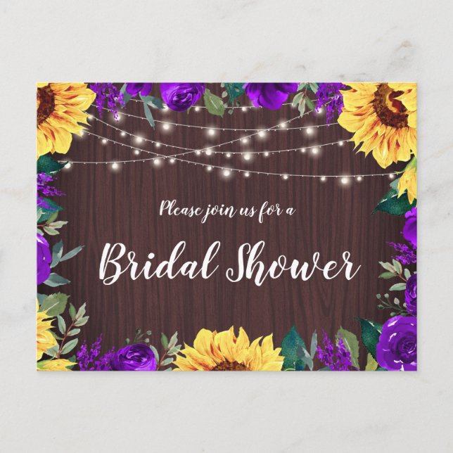 Postal De Invitación Bridal Shower Sunflower Purple Floral Luz Madera (Anverso)