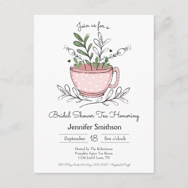 Postal De Invitación Bridal Shower Tea Mano caprichosa Taza Té (Anverso)