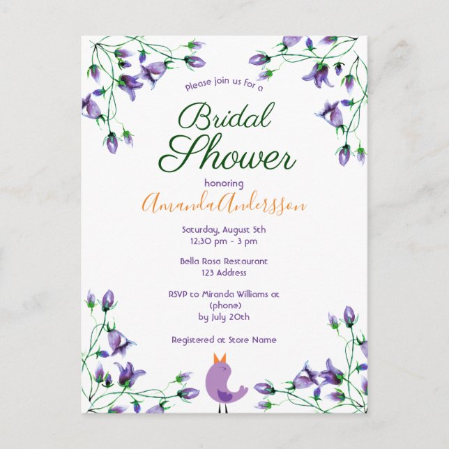 Postal De Invitación Bridal Shower violeta flores azules azul blanco (Anverso)