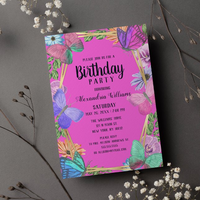 Postal De Invitación Bright Pink Purple Floral Butterfly Cumpleaños (Bright Pink Purple Floral Butterfly Birthday )