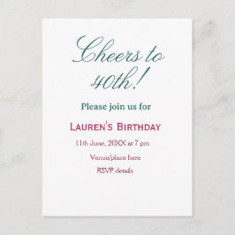 Postal De Invitación Brindis por cumpleaños 40 nombre fecha elegante az