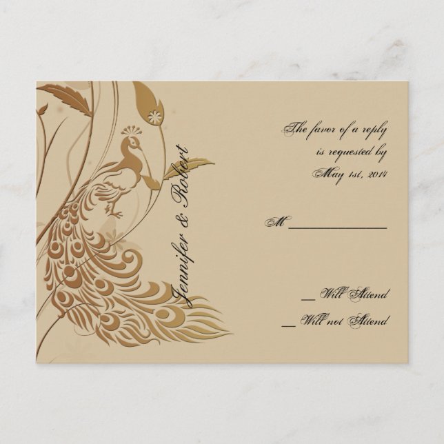Postal De Invitación Bronce Art Deco Peacock Floral RSVP Postcard v2 (Anverso)