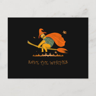 Postal De Invitación Bruja de Halloween Tortuga Voladora Escoba Salem