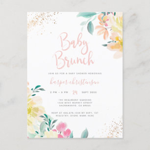 Postal De Invitación Brunch Baby Shower de Sweet Gold Rubor Pink Floral
