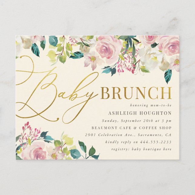 Postal De Invitación Brunch Bebé con guión dorado dulce Floral (Anverso)