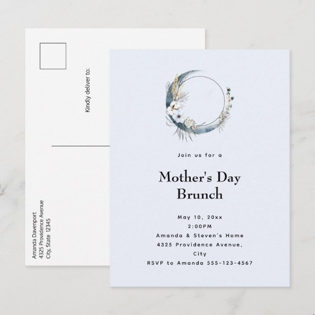 Postal De Invitación Brunch Blue Crescent Moon Mother's Day Brunch (Anverso / Reverso)