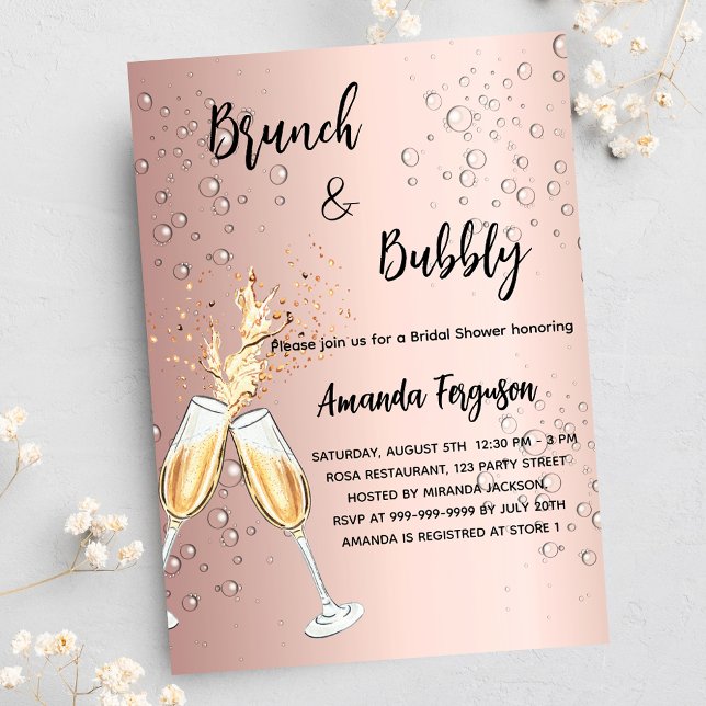 Postal De Invitación Brunch Bubbly Bridal Shower burbujas de oro rosa (Subido por el creador)