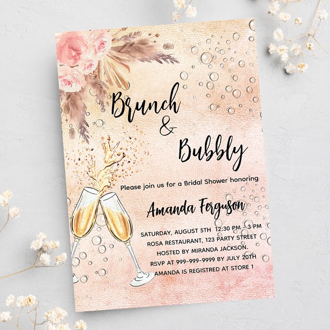 Postal De Invitación Brunch Bubbly Bridal Shower rosa pampas pasto (Subido por el creador)