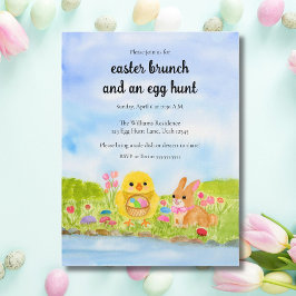 Postal De Invitación Brunch de Pascua con Pollito y Conejo de Pascua