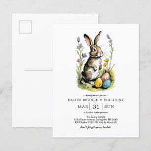 Postal De Invitación Brunch de Pascua y caza de huevos Conejo de flor