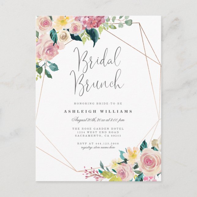 Postal De Invitación Brunch geométrico de novia floral rosa de vegetaci (Anverso)