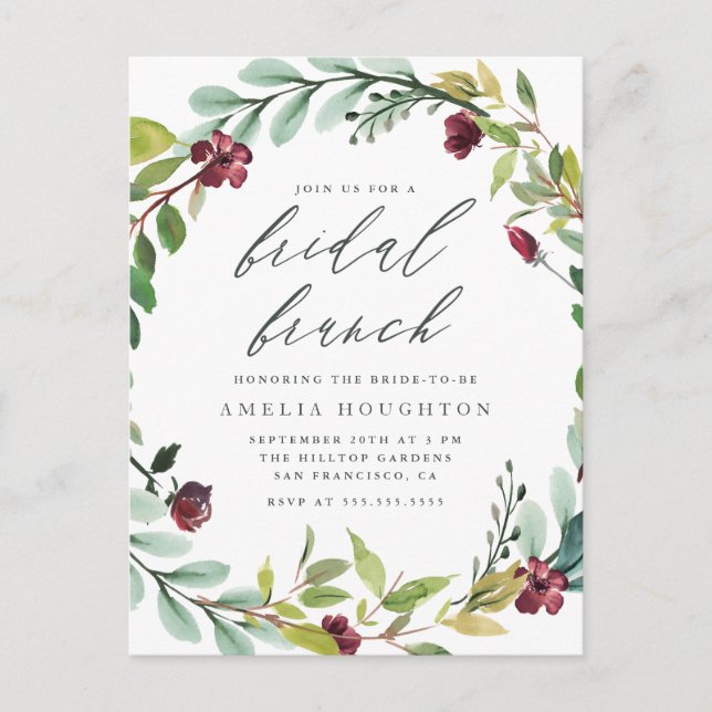 Postal De Invitación Brunch Nodal manuscrito de Wreath Foliage Lush (Anverso)