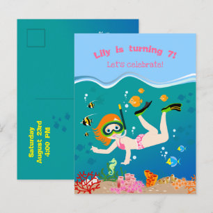 Postal De Invitación Buceo con chica de peces tropicales Fiesta de Cump