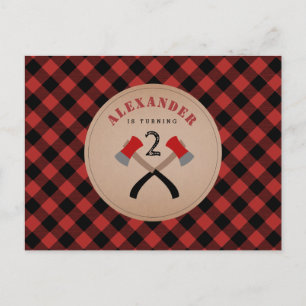 Postal De Invitación Buffalo Plaid Ax Woodland Lumberjack Cumpleaños