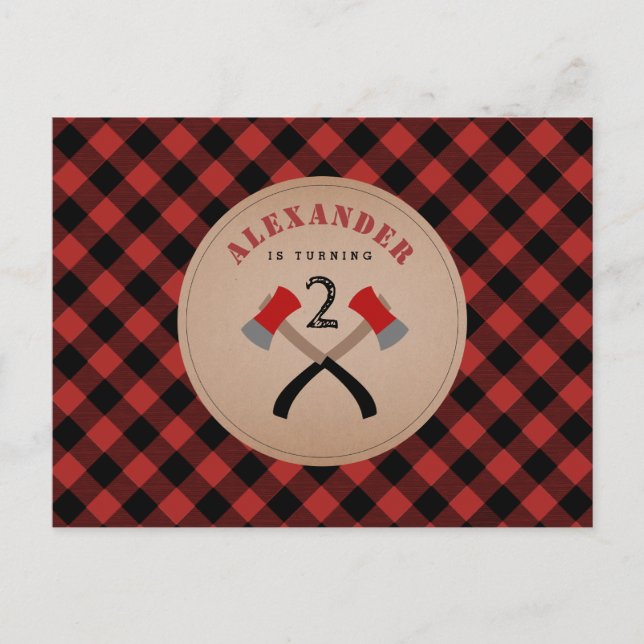 Postal De Invitación Buffalo Plaid Ax Woodland Lumberjack Cumpleaños (Anverso)
