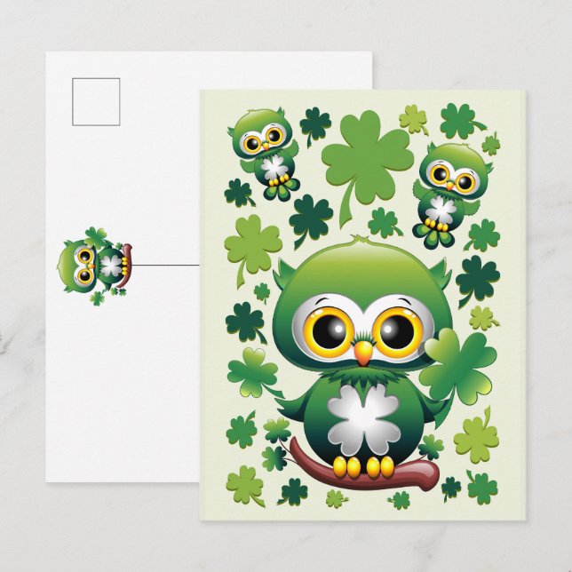 Postal De Invitación Búho Bebé Lindo Dibujo Animado St Patrick (Anverso / Reverso)