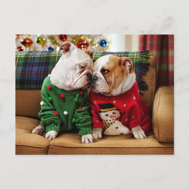 Postal De Invitación Bulldogs de Navidad con suéteres (Anverso)