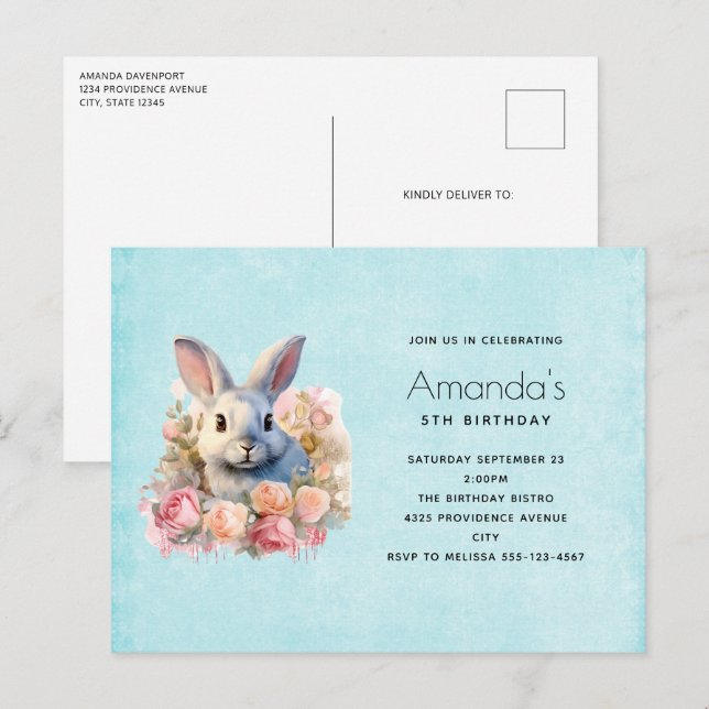 Postal De Invitación Bunny with a Garland of Roses Cute Birthday (Anverso / Reverso)