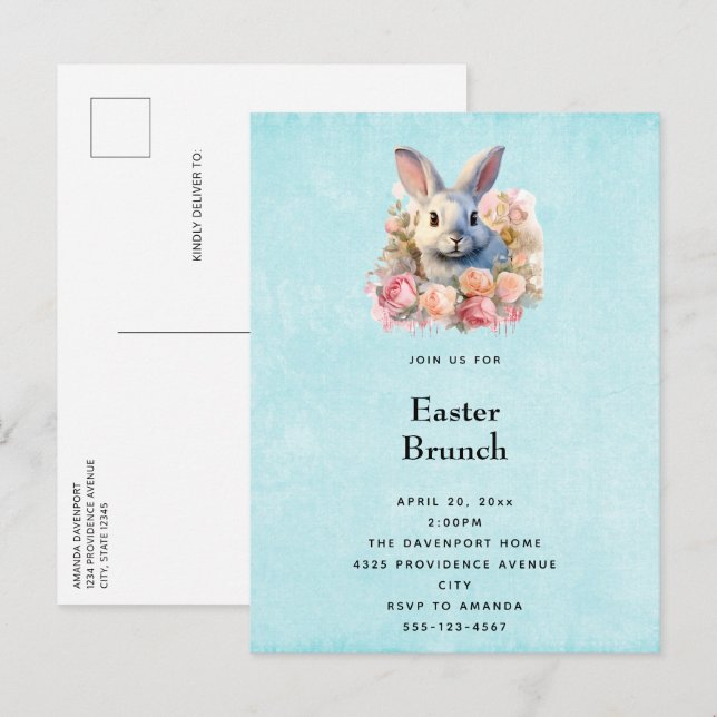 Postal De Invitación Bunny with a Garland of Roses Cute Easter (Anverso / Reverso)