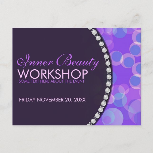 Postal De Invitación Burbujas moradas Taller de belleza Volante de nego (Anverso)