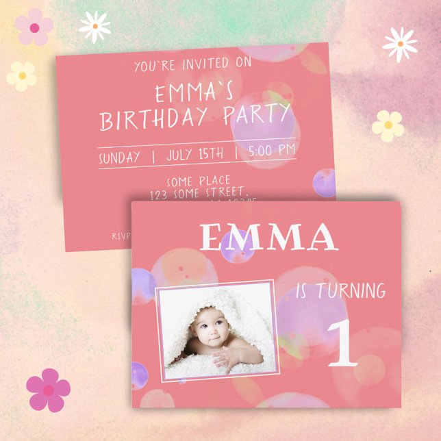 Postal De Invitación Burbujas rosadas de Cute Primer Fiesta de Cumpleañ (Subido por el creador)