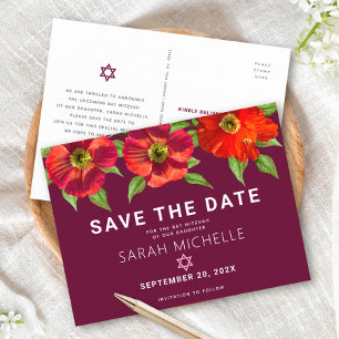 Postal De Invitación Burgundy Bat Mitzvah Save Date Floral Watercolor
